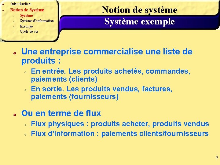 Introduction Notion de Système d’information Exemple Cycle de vie Notion de système Système exemple