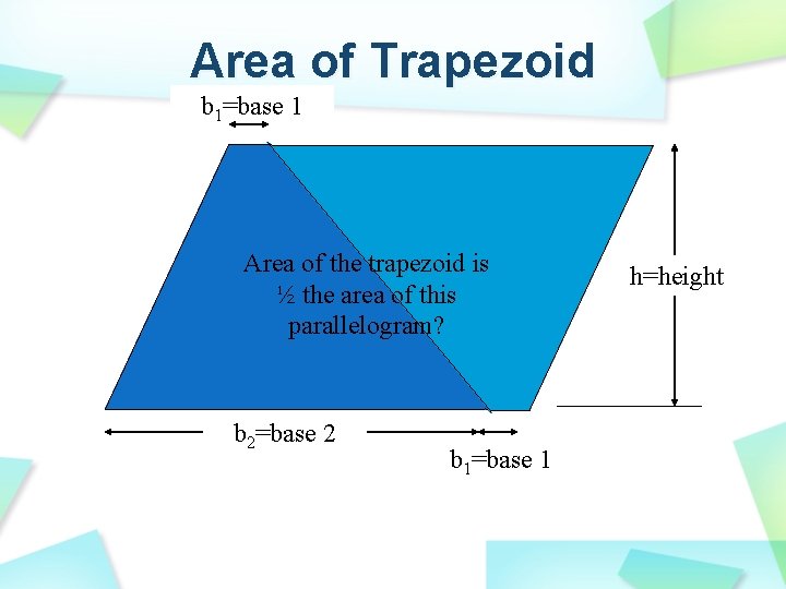 Area of Trapezoid b 1=base 1 Area of the trapezoid is ½ the area