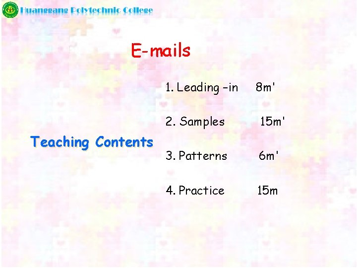 E-mails 1. Leading –in Teaching Contents 8 m' 2. Samples 15 m' 3. Patterns