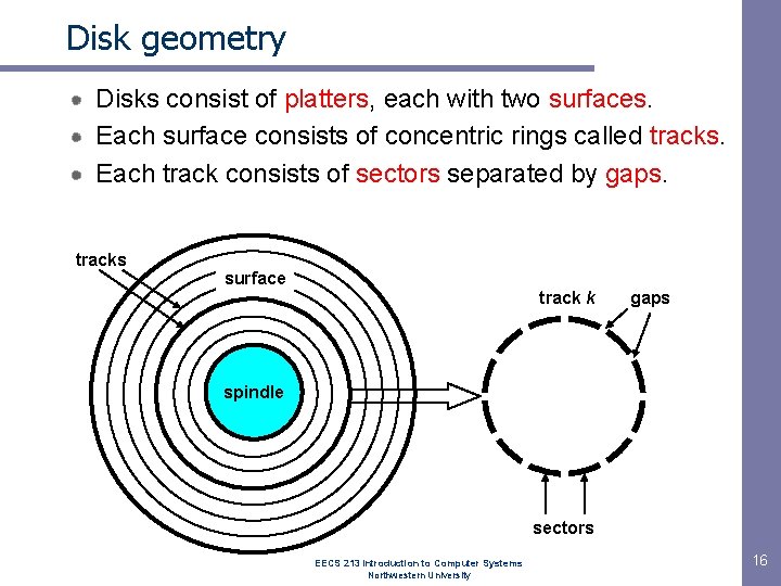 Disk geometry Disks consist of platters, each with two surfaces. Each surface consists of