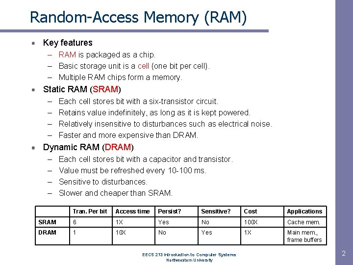 Random-Access Memory (RAM) Key features – RAM is packaged as a chip. – Basic