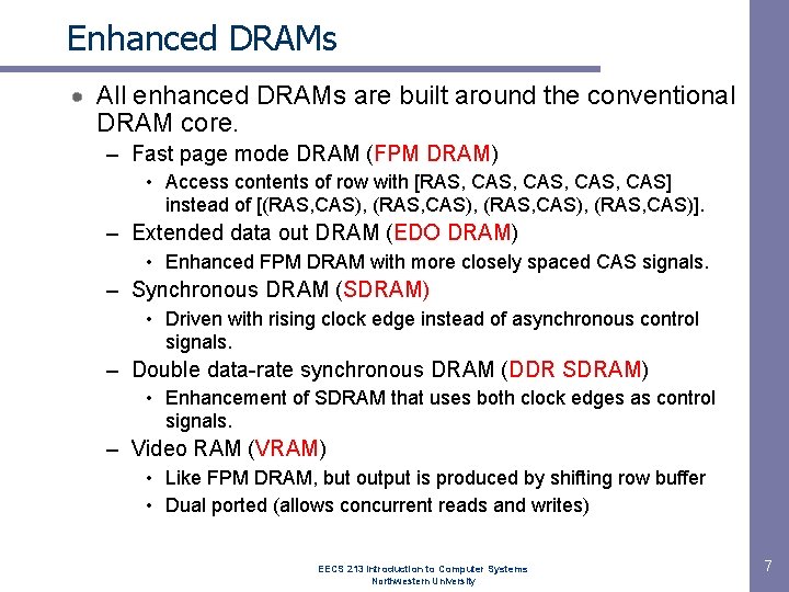 Enhanced DRAMs All enhanced DRAMs are built around the conventional DRAM core. – Fast