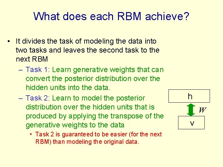 What does each RBM achieve? • It divides the task of modeling the data