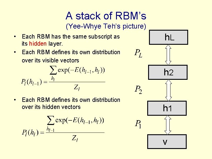 A stack of RBM’s (Yee-Whye Teh’s picture) • Each RBM has the same subscript