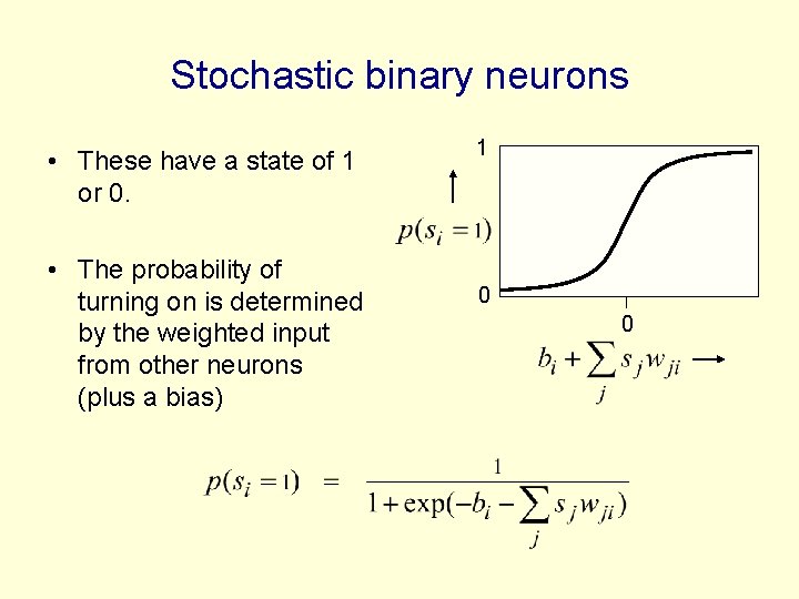 Stochastic binary neurons • These have a state of 1 or 0. • The