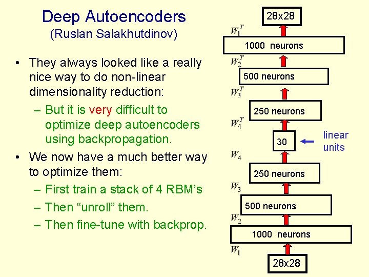 Deep Autoencoders (Ruslan Salakhutdinov) • They always looked like a really nice way to