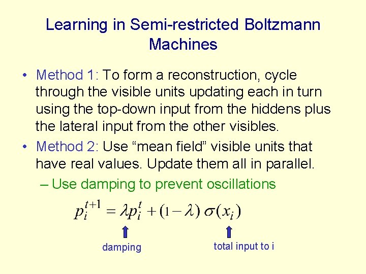 Learning in Semi-restricted Boltzmann Machines • Method 1: To form a reconstruction, cycle through