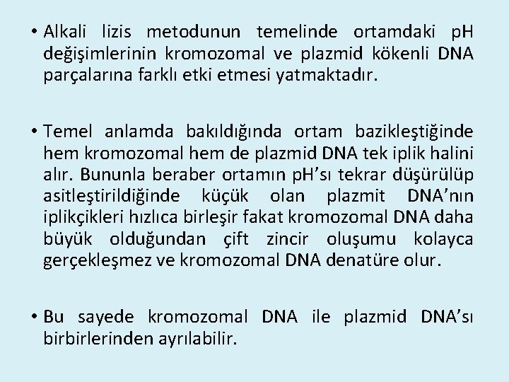  • Alkali lizis metodunun temelinde ortamdaki p. H değişimlerinin kromozomal ve plazmid kökenli