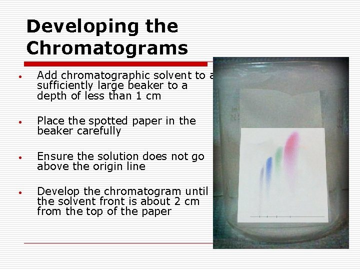 Developing the Chromatograms • Add chromatographic solvent to a sufficiently large beaker to a