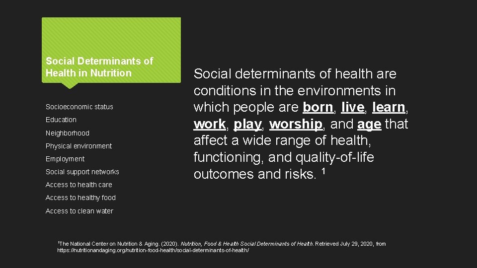 Social Determinants of Health in Nutrition Socioeconomic status Education Neighborhood Physical environment Employment Social