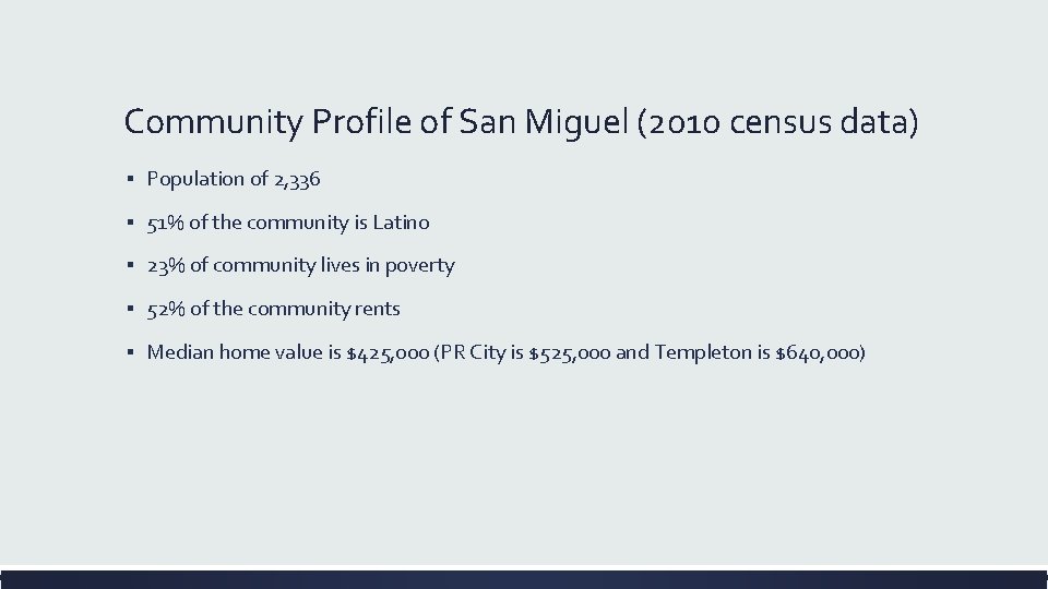 Community Profile of San Miguel (2010 census data) ▪ Population of 2, 336 ▪