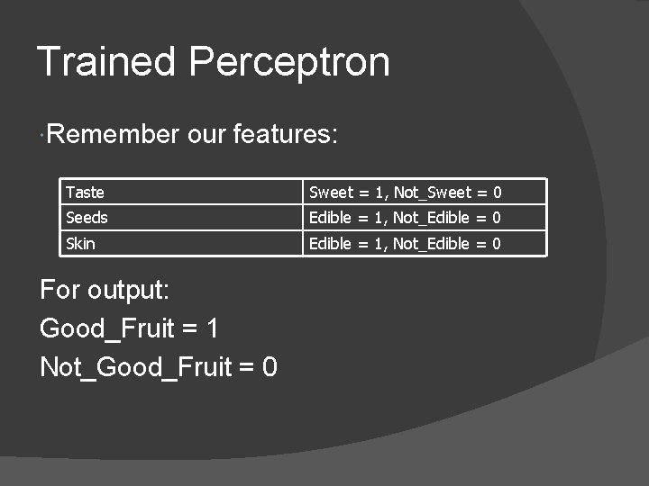 Trained Perceptron Remember our features: Taste Sweet = 1, Not_Sweet = 0 Seeds Edible