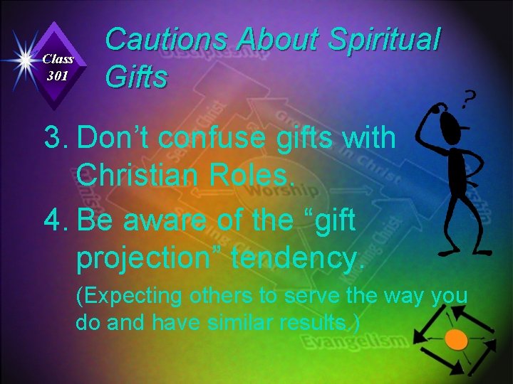 Class 301 Cautions About Spiritual Gifts 3. Don’t confuse gifts with Christian Roles. 4.