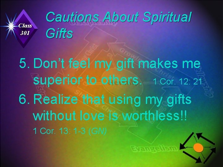 Class 301 Cautions About Spiritual Gifts 5. Don’t feel my gift makes me superior