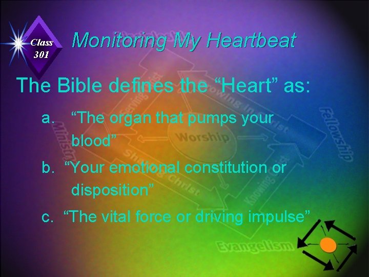 Class 301 Monitoring My Heartbeat The Bible defines the “Heart” as: a. “The organ