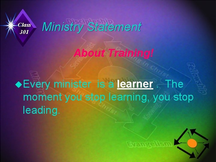 Class 301 Ministry Statement About Training! u. Every minister is a learner. The moment