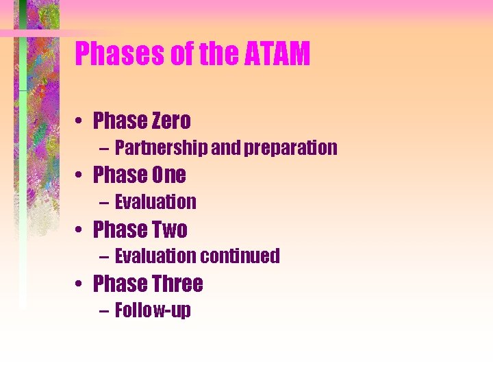 Phases of the ATAM • Phase Zero – Partnership and preparation • Phase One Phases of the ATAM • Phase Zero – Partnership and preparation • Phase One