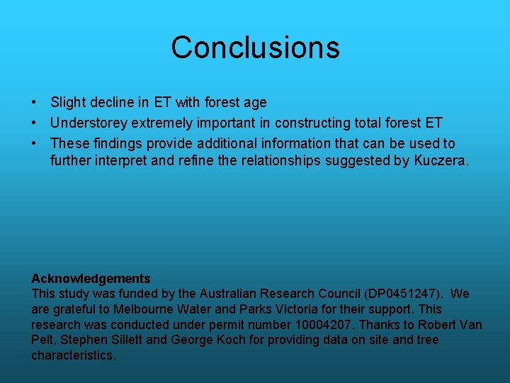 Conclusions • Slight decline in ET with forest age • Understorey extremely important in