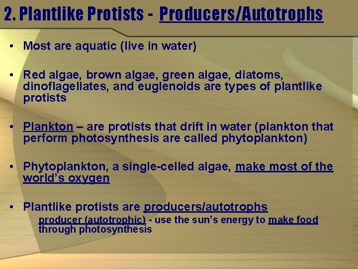 2. Plantlike Protists - Producers/Autotrophs • Most are aquatic (live in water) • Red