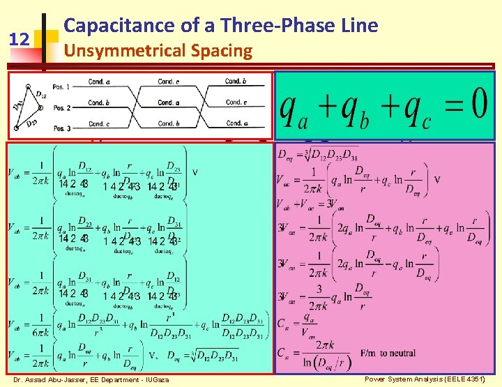 12 Capacitance of a Three-Phase Line Unsymmetrical Spacing Dr. Assad Abu-Jasser, EE Department -