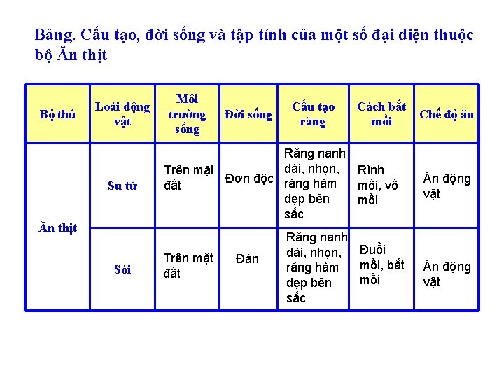 Bảng. Cấu tạo, đời sống và tập tính của một số đại diện thuộc