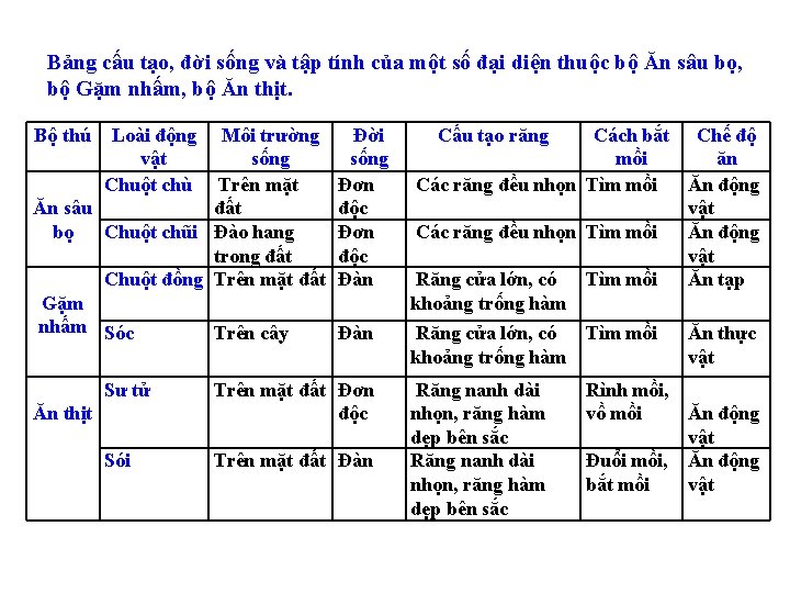 Bảng cấu tạo, đời sống và tập tính của một số đại diện thuộc