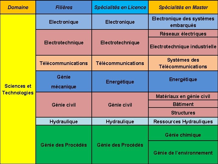 Domaine Filières Spécialités en Licence Spécialités en Master Electronique des systèmes embarqués Réseaux électriques