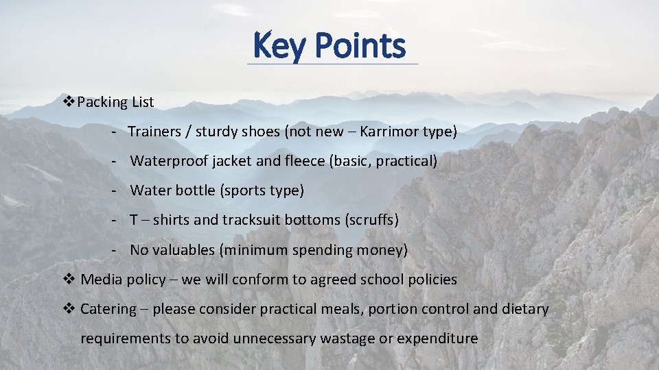 Key Points v. Packing List - Trainers / sturdy shoes (not new – Karrimor