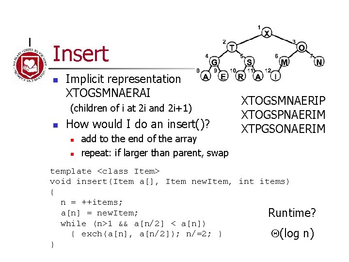 Insert n Implicit representation XTOGSMNAERAI (children of i at 2 i and 2 i+1)