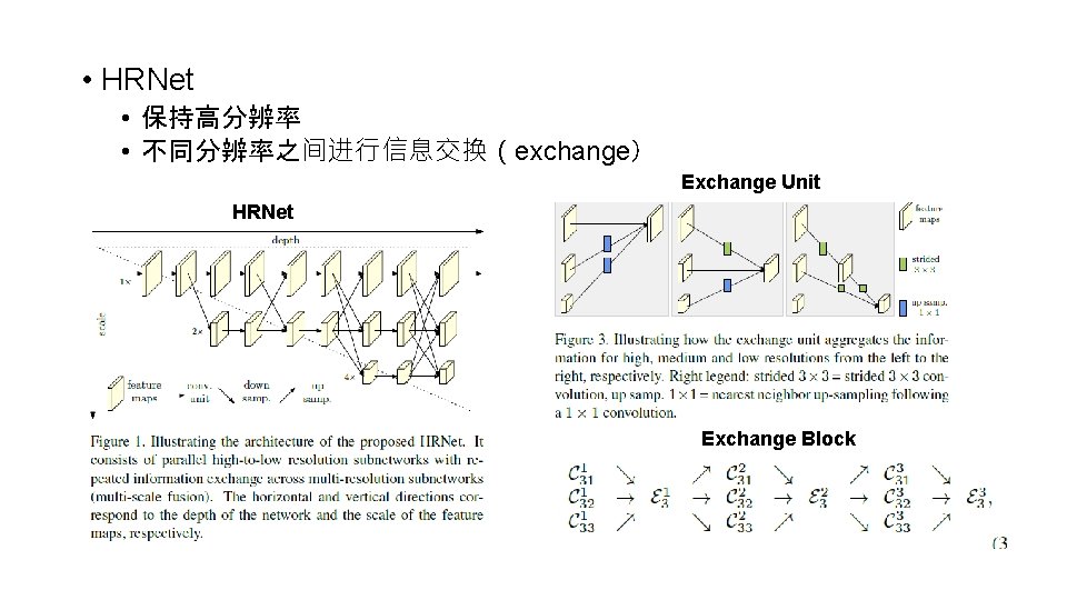  • HRNet • 保持高分辨率 • 不同分辨率之间进行信息交换（exchange） Exchange Unit HRNet Exchange Block 