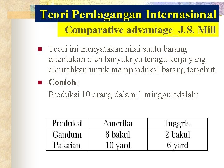 Teori Perdagangan Internasional Comparative advantage_J. S. Mill n n Teori ini menyatakan nilai suatu