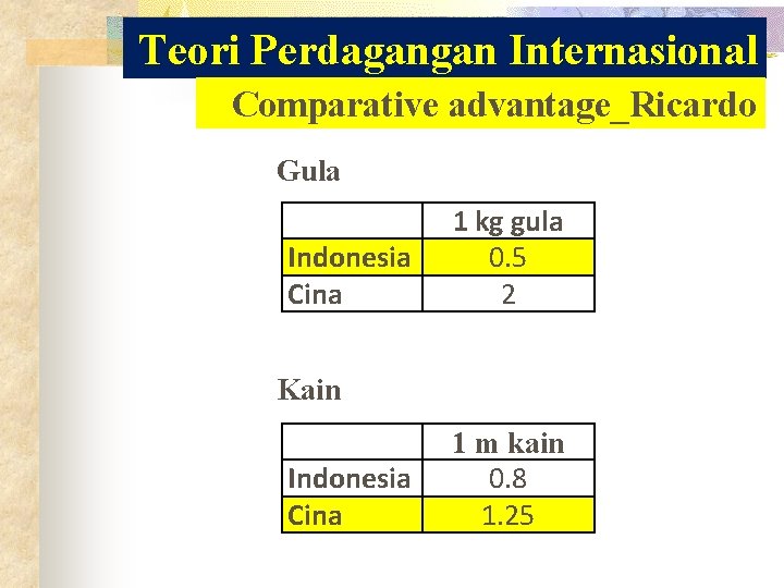 Teori Perdagangan Internasional Comparative advantage_Ricardo Gula Indonesia Cina 1 kg gula 0. 5 2