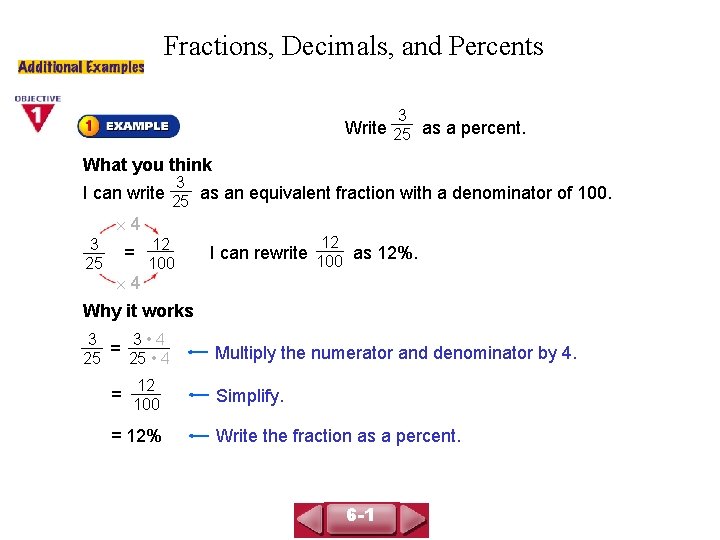 Fractions, Decimals, and Percents COURSE 3 LESSON 6 -1 3 Write as a percent.