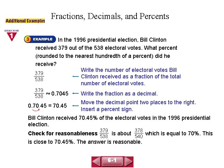 COURSE 3 LESSON 6 -1 Fractions, Decimals, and Percents In the 1996 presidential election,