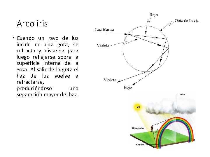 Arco iris • Cuando un rayo de luz incide en una gota, se refracta