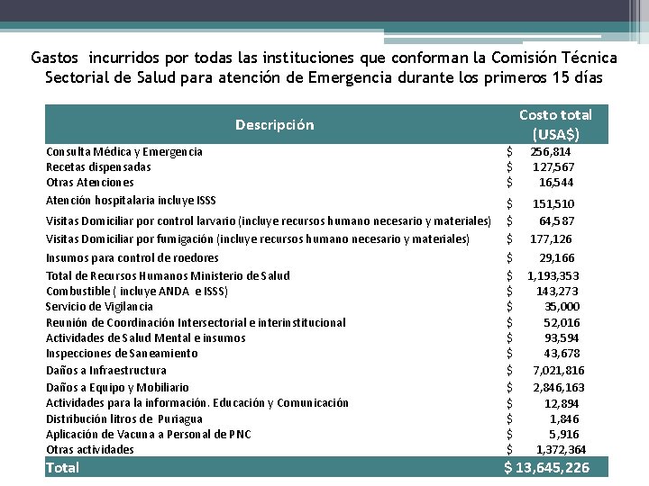 Gastos incurridos por todas las instituciones que conforman la Comisión Técnica Sectorial de Salud