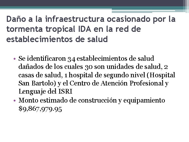 Daño a la infraestructura ocasionado por la tormenta tropical IDA en la red de
