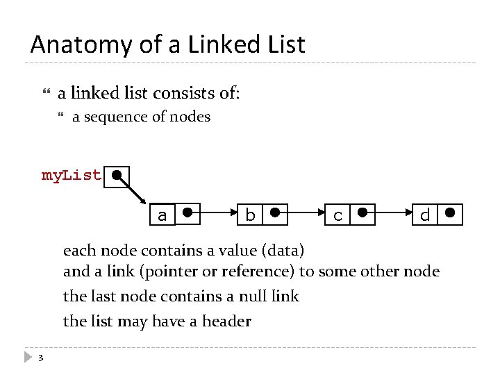Anatomy of a Linked List a linked list consists of: a sequence of nodes