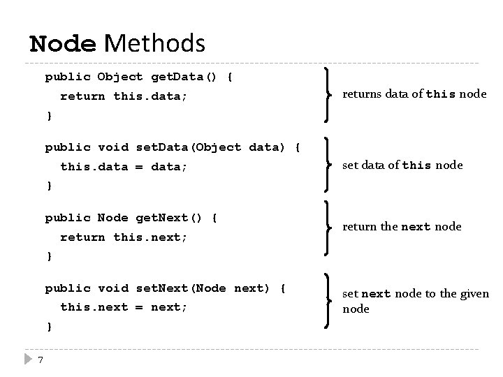 Node Methods public Object get. Data() { return this. data; returns data of this