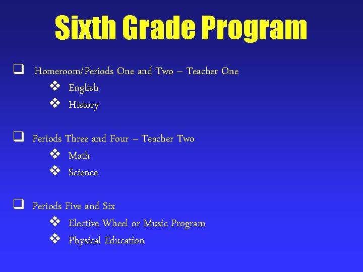 Sixth Grade Program q Homeroom/Periods One and Two – Teacher One v English v
