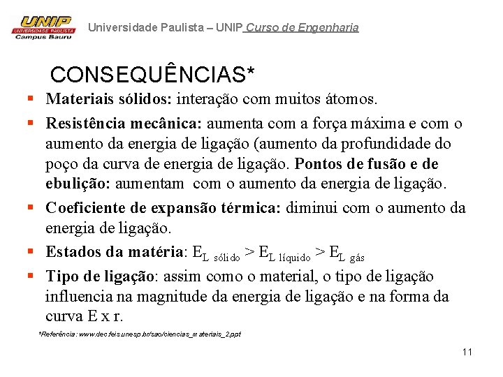 Universidade Paulista – UNIP Curso de Engenharia CONSEQUÊNCIAS* § Materiais sólidos: interação com muitos