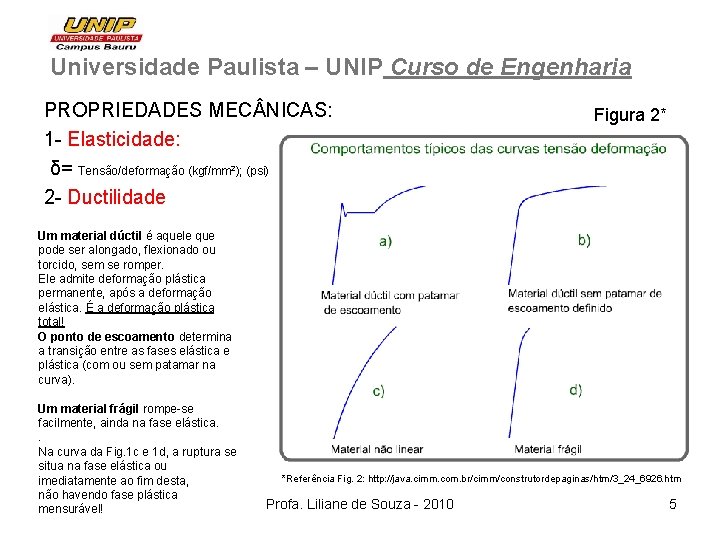 Universidade Paulista – UNIP Curso de Engenharia PROPRIEDADES MEC NICAS: 1 - Elasticidade: δ=