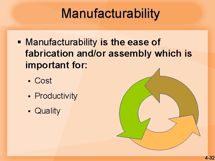 Manufacturability § Manufacturability is the ease of fabrication and/or assembly which is important for: