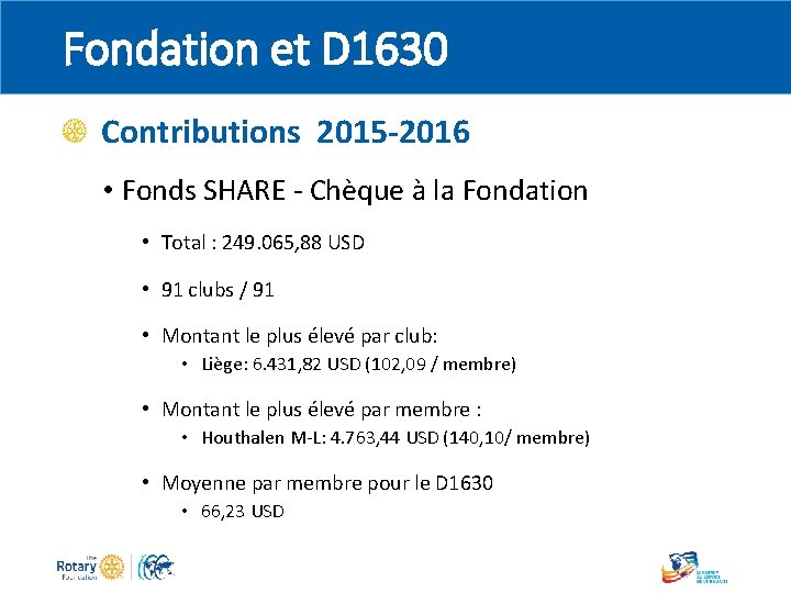 Fondation et D 1630 Contributions 2015 -2016 • Fonds SHARE - Chèque à la