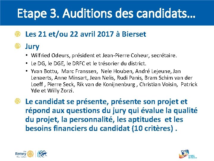 Etape 3. Auditions des candidats… Les 21 et/ou 22 avril 2017 à Bierset Jury
