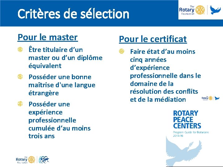 Critères de sélection Pour le master Être titulaire d’un master ou d’un diplôme équivalent