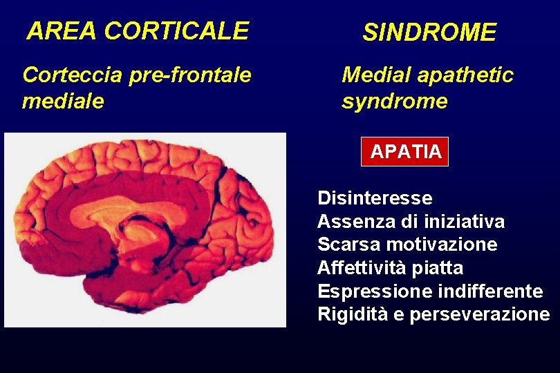  AREA CORTICALE SINDROME Corteccia pre-frontale mediale Medial apathetic syndrome APATIA Disinteresse Assenza di