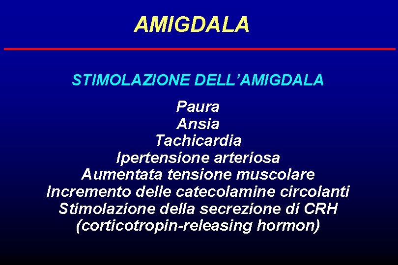 AMIGDALA STIMOLAZIONE DELL’AMIGDALA Paura Ansia Tachicardia Ipertensione arteriosa Aumentata tensione muscolare Incremento delle catecolamine