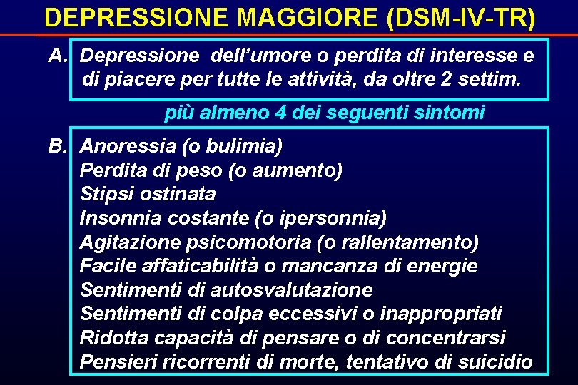 DEPRESSIONE MAGGIORE (DSM-IV-TR) A. Depressione dell’umore o perdita di interesse e di piacere per