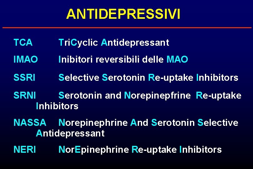 ANTIDEPRESSIVI TCA Tri. Cyclic Antidepressant IMAO Inibitori reversibili delle MAO SSRI Selective Serotonin Re-uptake